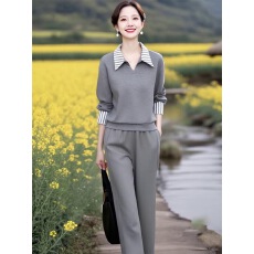 批发<b class='q'>时尚</b>休闲运动灰色翻领拼接卫衣+松紧腰卫<b class='q'>裤</b>休闲两件套