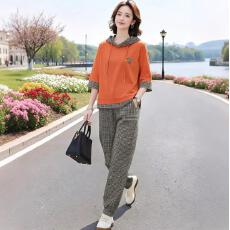 批发拼接格子连帽上衣+松紧腰格子<b class='q'>裤</b>套<b class='q'>装</b>春季