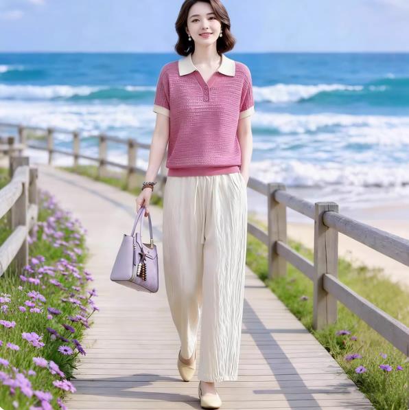 배색 니트 스웨터 허리밴드 캐주얼 바지 세트 여름 새로운