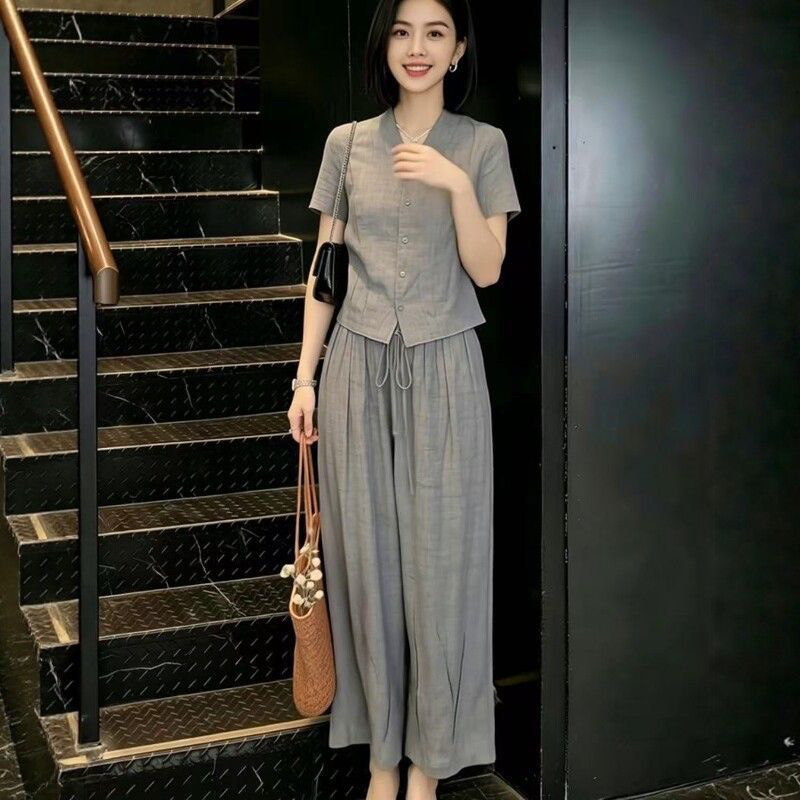 상쾌 통기성 회색 슬림해 보이는 루즈핏 맨위 와이드 레그 팬츠 투피스 슈트