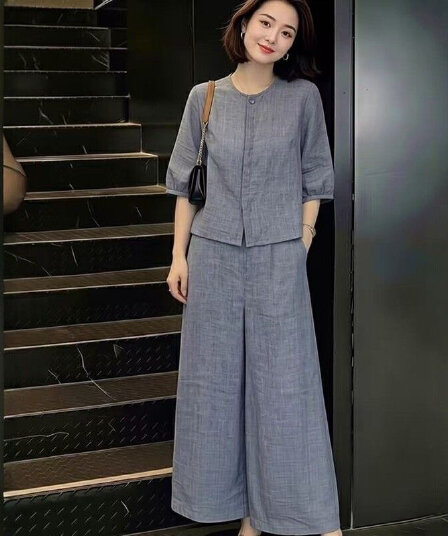 새로운 세트 여름 고급 센스 7부 소매 셔츠 밴딩 와이드 레그 팬츠 투피스 세트