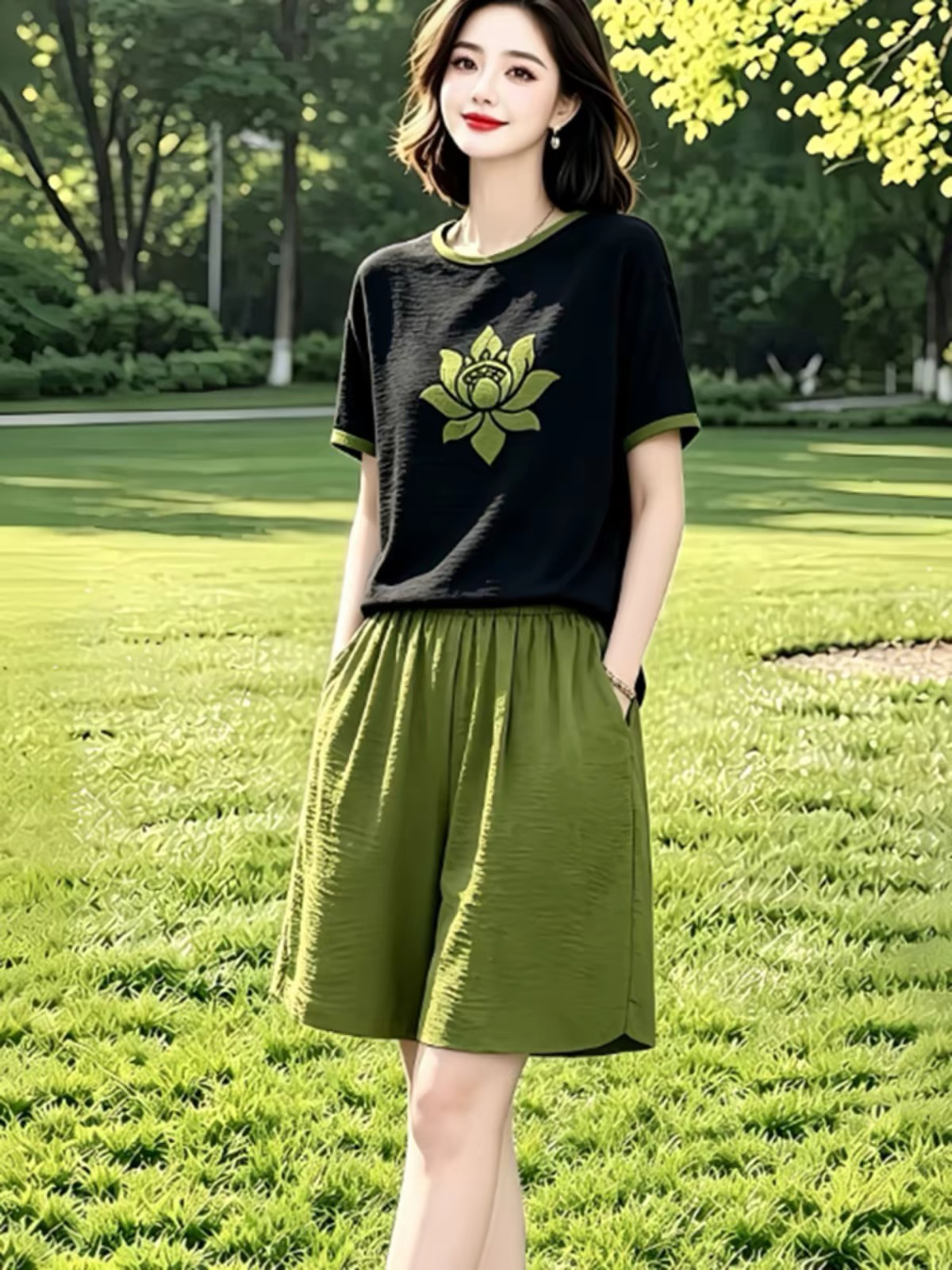 BY28366# 素订女装原创品牌旗舰店时尚定位印花撞色上衣搭松紧腰短裤套装夏 服裝批發女裝批發服飾貨源