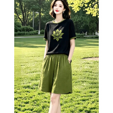 批发素订女装原创<b class='q'>品牌</b>旗舰店时尚定位印花撞色上衣搭松紧腰短裤套装夏