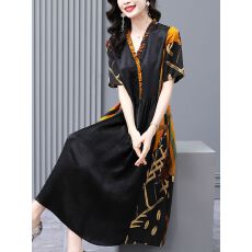 批发<b class='q'>连衣裙</b>女高档<b class='q'>香云纱</b>中老年妈妈V领长裙