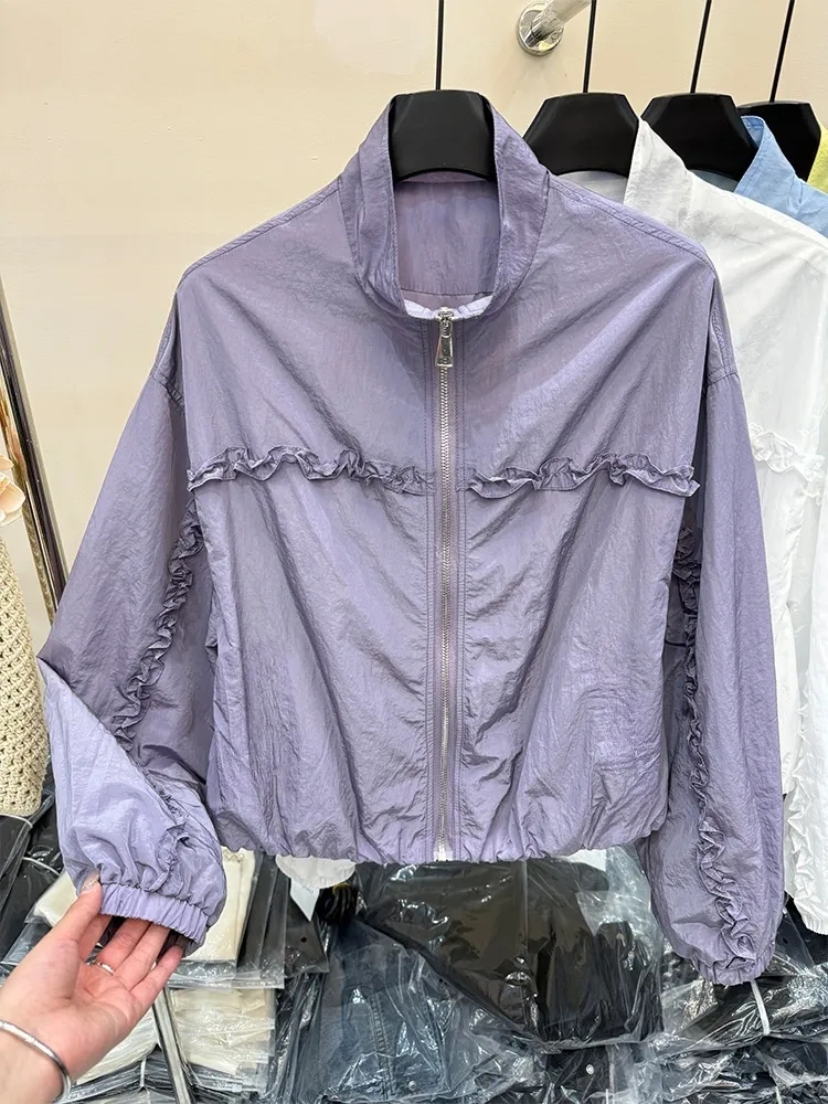 FA32315# 韩系减龄木耳边拼接设计感宽松显瘦荷叶边长袖外套女春夏防晒上衣 服裝批發女裝批發服飾貨源