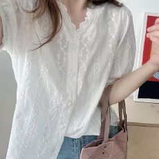 批发法式小众蕾丝花边~日系文艺<b class='q'>刺绣</b>镂空宽松百搭纯棉短袖衬衫<b class='q'>上衣</b>女