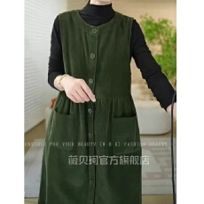 批发秋冬新款灯芯绒背心裙无袖大码宽松气质复古口袋开衫<b class='q'>连衣裙</b>女