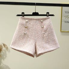 批发秋冬季毛呢<b class='q'>短裤</b>女高腰小香风排扣格子阔腿裤显瘦小个子A字休闲裤