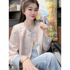 批发新中式国风国风女装印花撞色盘扣长袖外套女2025春季气质<b class='q'>甜美</b>上衣