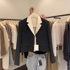 批发秋季新款设计感小众拼接撞色翻领休闲西装短<b class='q'>外套</b>女