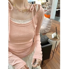 批发<b class='q'>甜美</b>芭蕾风t恤女初春新款设计感系带短款假两件内搭打底显瘦上衣