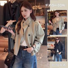 批发英伦风<b class='q'>双排扣</b>短款<b class='q'>风衣</b>外套女2025春秋新款休闲宽松小个子百搭上衣