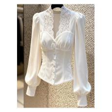 批发高端小资小上衣巨好看高级感气质御姐掐腰<b class='q'>蕾丝</b>拼接白色丝绒<b class='q'>衬衫</b>冬
