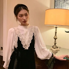 秋冬款氛围感丝绒法式背心裙吊带连衣裙半高领打底衬衫两件套套装