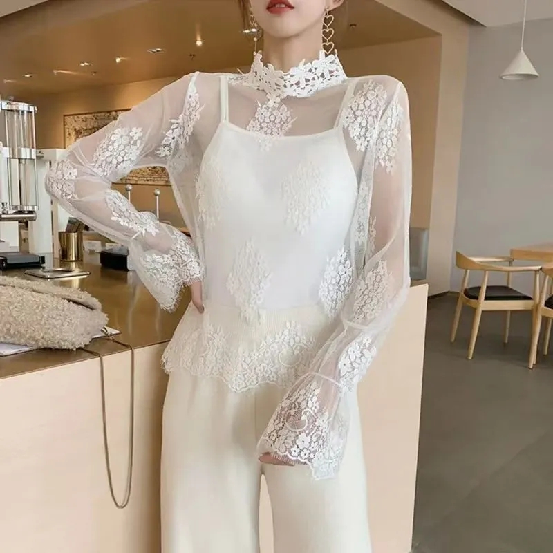 FA57018#法式精致绝美上衣秋季新款高级设计感性感蕾丝睫毛式打底衫女