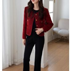新款重工酒红色小香风外套女春秋法式气质名媛粗花呢上衣