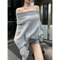 批发卡其色宽松露肩长袖套头毛衣女秋季慵懒风套<b class='q'>装</b>针织直筒短<b class='q'>裤</b>两件套