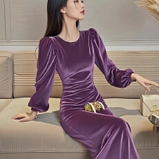 批发法式气质名媛高端女神范轻奢高级感宴会礼服洋气紫色<b class='q'>丝绒</b><b class='q'>连衣裙</b>秋