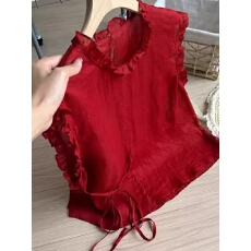 批发新款<b class='q'>夏</b>季韩系甜美车厘子红木耳边宽松显瘦圆领系带红色小衫