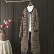 批发新大长款加厚毛衣女宽松外套过膝直筒圆领单排扣针织口袋开衫