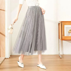 批发时尚爆款重工大亮片网纱裙半身裙春夏新款高腰显瘦中长款大摆裙