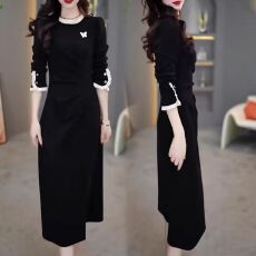 批发秋季新款通勤时尚减龄裙子女设计感蕾丝<b class='q'>拼接</b>中长款开衩<b class='q'>连衣裙</b>