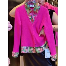 批发秋冬新款时尚减龄针织上衣玫红色拼接假两件POLO领碎花<b class='q'>衬衫</b>女