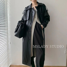 批发2026年春秋新款<b class='q'>英伦</b><b class='q'>风</b>复古机车皮衣外套女中长款收腰显瘦PU大衣潮