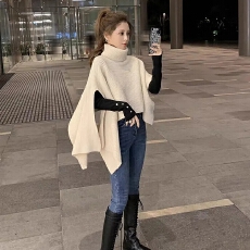 秋冬新款慵懒风高领披肩针织衫女设计感小众百搭斗篷式毛衣小外套