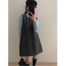 批发小香风毛呢背心连衣裙女2025冬季新款宽松显瘦不规则无袖百搭短裙