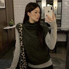 韩式气质通勤风高领毛衣马甲背心叠穿百搭长袖打底衫穿搭一整套装