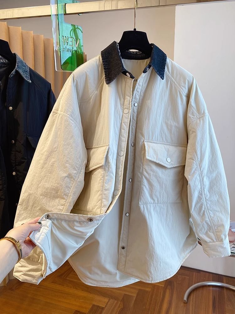 디자인 센스 작은 대중 루즈핏 셔츠 스타일 외출용 면 의류 여성 가을 겨울 새로운 중간 길이 얇고 가벼운 면 옷 재킷