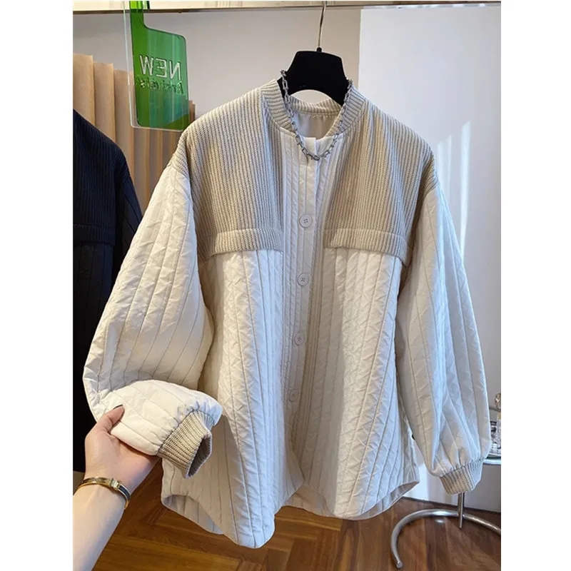 고급 디자인 센스 작은 대중 루즈핏 캐주얼 니트 패치워크 스트라이프 솜을 넣은 여성 코트 가을 겨울 경량 작은 면 의류