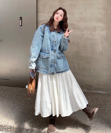 배색 패치워크 데님 여성 코트 가을 2025 새로운 항구 바람 레트로 작은 키 캐주얼 다용도 재킷 폭발