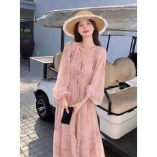 批发V领长袖连衣<b class='q'>裙</b>韩版2026夏新款碎花宽松遮肚<b class='q'>灯笼</b>袖多巴胺超仙长<b class='q'>裙</b>