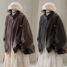 批发欧洲站时髦洋气小个子上衣潮2026春季新款棕色立领短款PU皮外套<b class='q'>女</b>