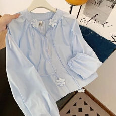 批发法式甜美立体花朵拼接灯笼袖<b class='q'>衬衫</b>女秋季洋气减龄宽松绑带<b class='q'>长袖</b>上衣