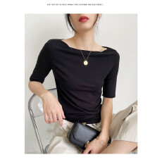 批发正肩五分袖短袖t恤女夏季一字肩2026高级感<b class='q'>莫代尔</b>上衣<b class='q'>打底衫</b>