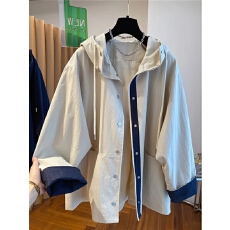 批发洋气撞色连帽风衣女春秋款宽松百搭上衣高级感小众个性<b class='q'>中长款</b>外套