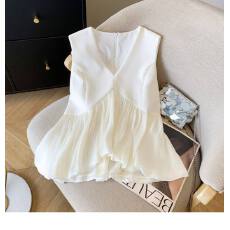 批发时尚拼色背心轻奢撞色V领无袖上衣女设计修身百搭显瘦黑白拼接裙