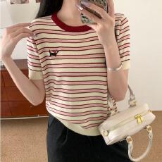 批发上衣刺绣小狗夏季新款圆领针织衫2026针织短袖韩版撞色<b class='q'>条纹</b>修身女