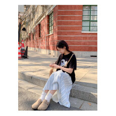 批发蓝色<b class='q'>条纹</b>双层<b class='q'>半身裙</b>女春夏法式甜美假两件蕾丝拼接宽松a字大摆裙