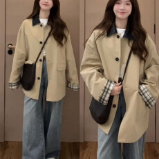 批发韩系<b class='q'>风衣</b>拼接外套2026新款小个子复古休闲宽松撞色高级中长款