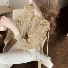 批发碎花衬衫女春长袖设计感荷叶边小众衬衣超仙洋气宽松<b class='q'>开衫</b>雪纺上衣