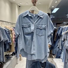 批发韩国时尚百搭短袖<b class='q'>牛仔</b><b class='q'>衬衫女</b>夏季新款Polo领单排扣薄款开衫外套潮