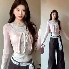 批发蓝色碎花假两件长袖女春季芭蕾风<b class='q'>甜美</b>披肩系带短款小衫上衣