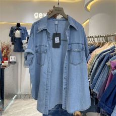 批发港风复古chic短袖<b class='q'>牛仔</b>薄款外套女夏季新款设计感宽松休闲衬衫上衣