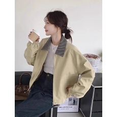 批发黄色格子拼接工装短外套女<b class='q'>春</b>季2025新款学院风超好看小众爆款夹克