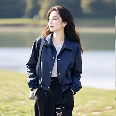批发<b class='q'>春</b>复古美式穿搭百搭独特超好看休闲蓝色翻领小个子外套女夹克