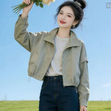 批发爆款韩系短款风衣外套女春<b class='q'>秋</b>休闲宽松冲锋衣蝙蝠袖小个子夹克上衣